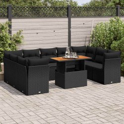 10 Pcs conjunto sofás de jardim c/ almofadões vime PE preto