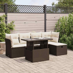 6 Pcs conjunto de sofás jardim c/ almofadões vime PE castanho