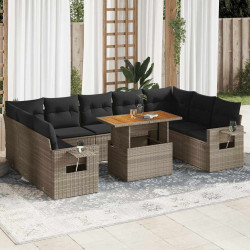10 Pcs conjunto sofás de jardim c/ almofadões vime PE cinzento