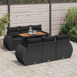 7 Pcs conjunto de sofás p/ jardim c/ almofadões vime PE preto