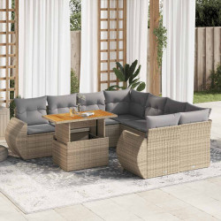 9 Pcs conjunto de sofás p/ jardim com almofadões vime PE bege