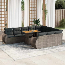 11 Pcs conjunto sofás de jardim c/ almofadões vime PE cinzento
