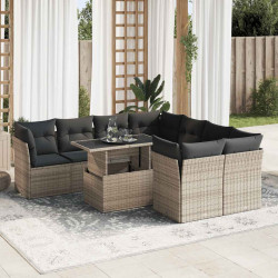 9 Pcs conjunto sofás p/ jardim com almofadões vime PE cinzento