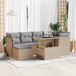 7 Pcs conjunto de sofás p/ jardim com almofadões vime PE bege