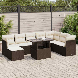 9 Pcs conjunto sofás p/ jardim c/ almofadões vime PE castanho