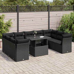 10 Pcs conjunto sofás de jardim c/ almofadões vime PE preto