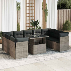 10 Pcs conjunto sofás de jardim c/ almofadões vime PE cinzento