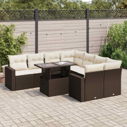 9 Pcs conjunto sofás p/ jardim c/ almofadões vime PE castanho
