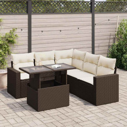 6 Pcs conjunto de sofás jardim c/ almofadões vime PE castanho