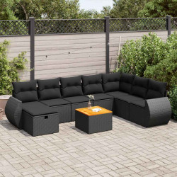 9 Pcs conjunto de sofás p/ jardim c/ almofadões vime PE preto