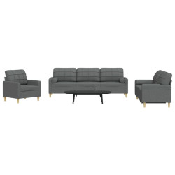 3 Pcs conjunto de sofás com almofadões tecido cinzento-escuro