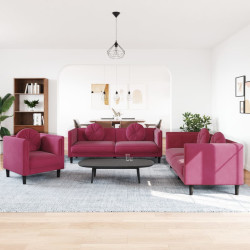 3 Pcs conjunto de sofás com almofadas veludo vermelho-tinto