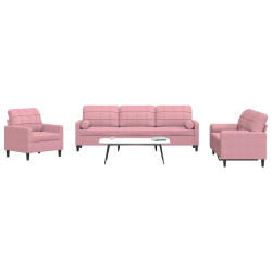 3 Pcs conjunto de sofás com almofadões e rolos veludo rosa