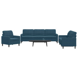3 Pcs conjunto de sofás com almofadões veludo azul