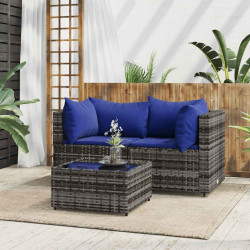 3 Pcs conjunto lounge de jardim c/ almofadões vime PE cinzento
