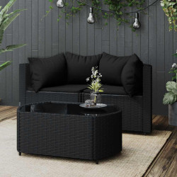 3 Pcs conjunto lounge de jardim c/ almofadões vime PE preto
