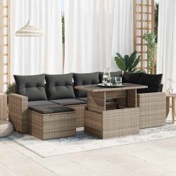 7 Pcs conjunto sofás p/ jardim c/ almofadões vime PE cinzento