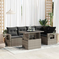 6 Pcs conjunto sofás de jardim com almofadões vime cinzento