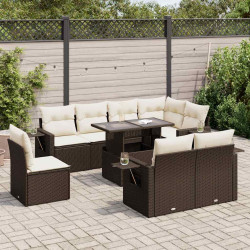 9 Pcs conjunto sofás p/ jardim c/ almofadões vime PE castanho
