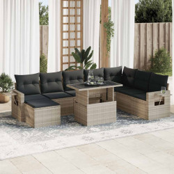9 Pcs conj. sofás jardim com almofadões vime PE cinzento-claro