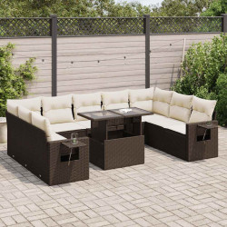 10 Pcs conj. sofás jardim com almofadões vime PE castanho