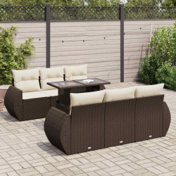 7 Pcs conjunto de sofás jardim c/ almofadões vime PE castanho