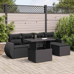 6 Pcs conjunto sofás de jardim c/ almofadões vime PE preto