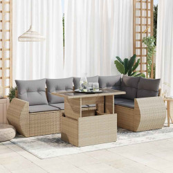 6 Pcs conjunto de sofás p/ jardim com almofadões vime PE bege