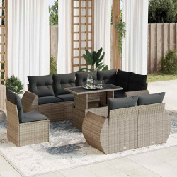 9 Pcs conjunto sofás p/ jardim com almofadões vime PE cinzento