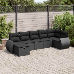7 Pcs conjunto de sofás p/ jardim c/ almofadões vime PE preto
