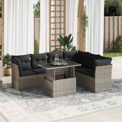 7 Pcs conjunto sofás p/ jardim c/ almofadões vime PE cinzento