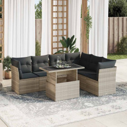 7 Pcs conj. sofás jardim com almofadões vime PE cinzento-claro