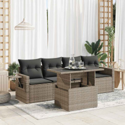 5 Pcs conjunto sofás de jardim c/ almofadões vime PE cinzento