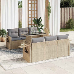 7 Pcs conjunto de sofás p/ jardim com almofadões vime PE bege