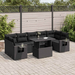 8 Pcs conjunto sofás de jardim com almofadões vime PE preto