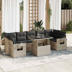 8 Pcs conj. sofás jardim c/ almofadões vime PE cinzento-claro