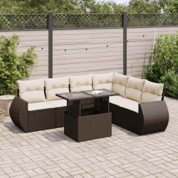 7 Pcs conjunto de sofás jardim c/ almofadões vime PE castanho