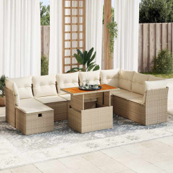 9 Pcs conjunto sofás jardim com almofadões vime PE/acácia bege