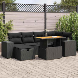 8 Pcs conjunto sofás jardim com almofadões vime PE/acácia preto