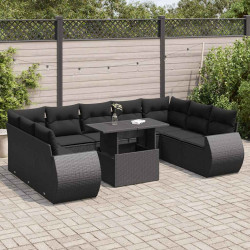 10 Pcs conjunto sofás de jardim c/ almofadões vime PE preto