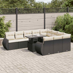 11 Pcs conjunto sofás de jardim c/ almofadões vime PE preto