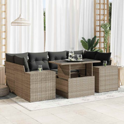 7 Pcs conjunto sofás p/ jardim c/ almofadões vime PE cinzento