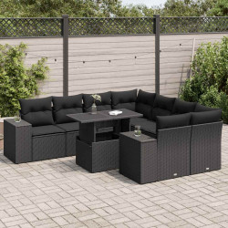 9 Pcs conjunto de sofás p/ jardim c/ almofadões vime PE preto