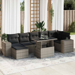 8 Pcs conjunto sofás de jardim c/ almofadões vime PE cinzento