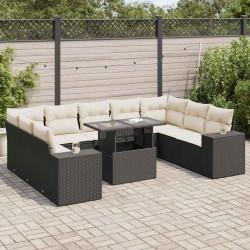 10 Pcs conjunto sofás de jardim c/ almofadões vime PE preto