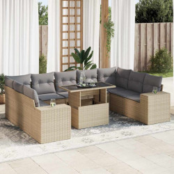 10 Pcs conjunto de sofás p/ jardim com almofadões vime PE bege