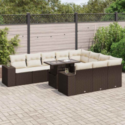 11 Pcs conjunto sofás de jardim c/ almofadões vime PE castanho