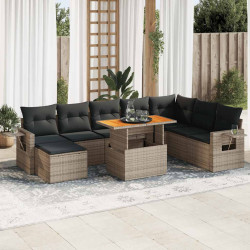 9 Pcs conjunto sofás p/ jardim com almofadões vime PE cinzento