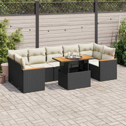 8 Pcs conjunto sofás jardim com almofadões vime PE/acácia preto