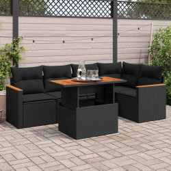 6 Pcs conjunto sofás jardim c/ almofadões vime PE/acácia preto